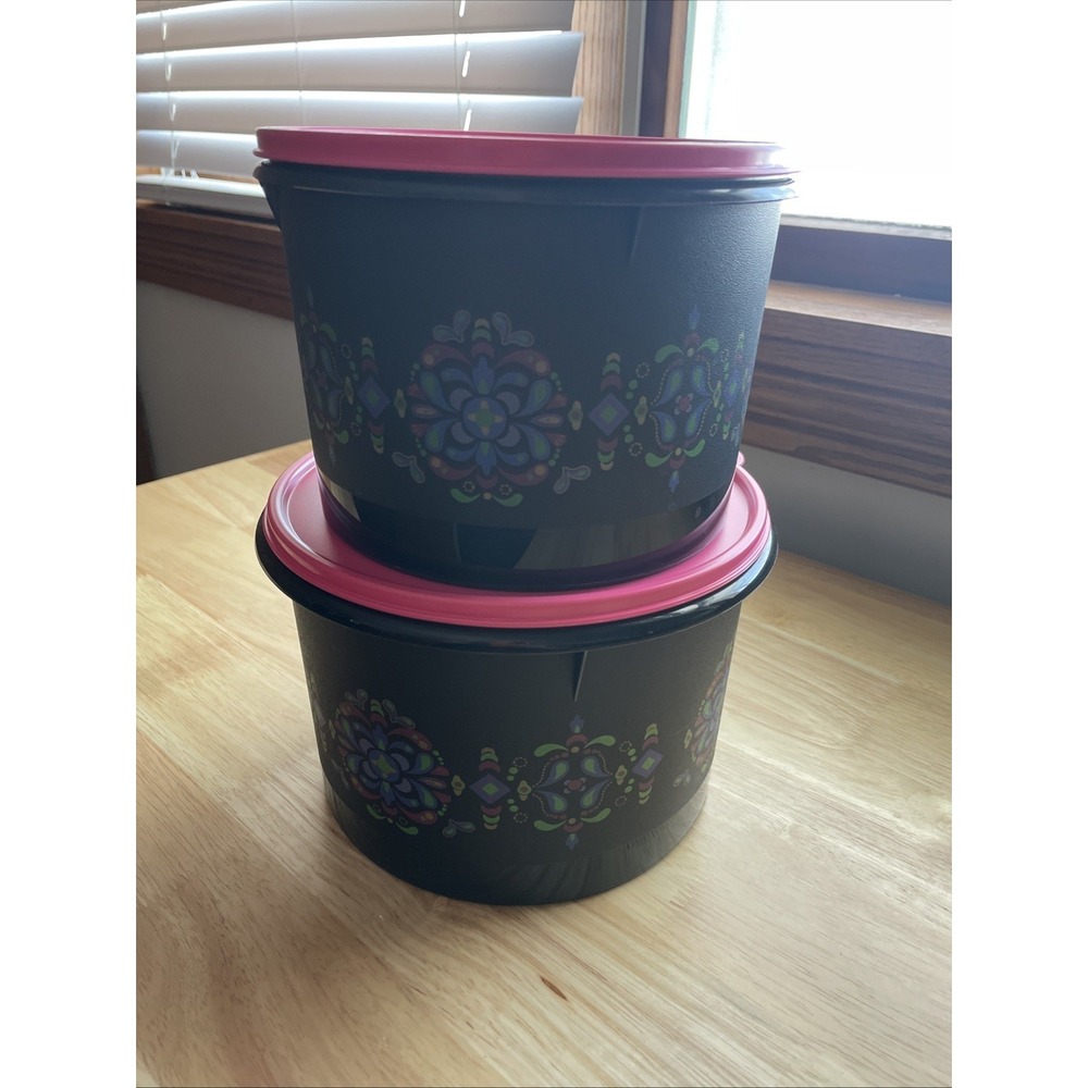 Tupperware Canister Set 2pc Black Pink Floral Medallion Round Storage Containers - Picture 5 of 9